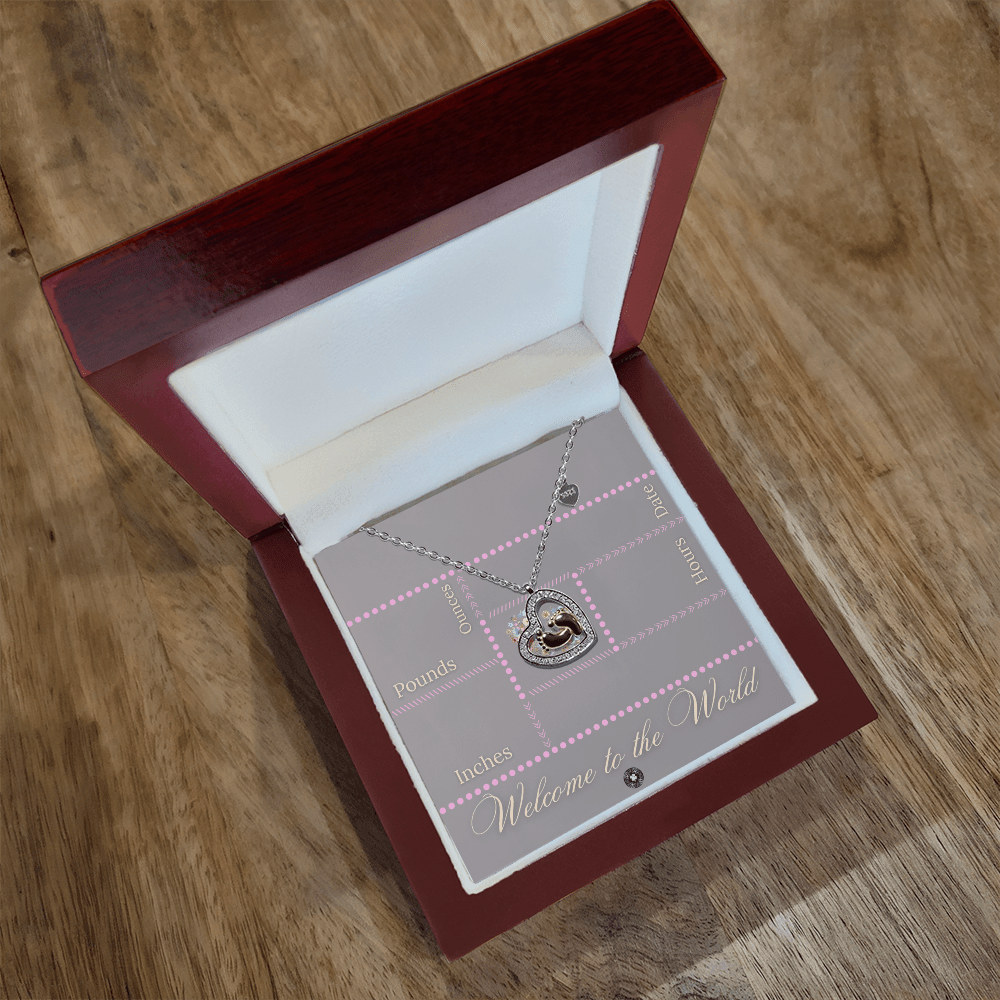Baby Feet & Heart Announcement Necklace: Pink Jewelry Mahogany Style Luxury Box with LED The Sterling Clover & Co.