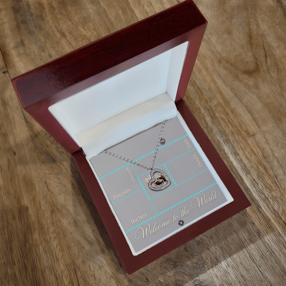 Baby Feet & Heart Announcement Necklace: Turquoise Jewelry Mahogany Style Luxury Box with LED The Sterling Clover & Co.