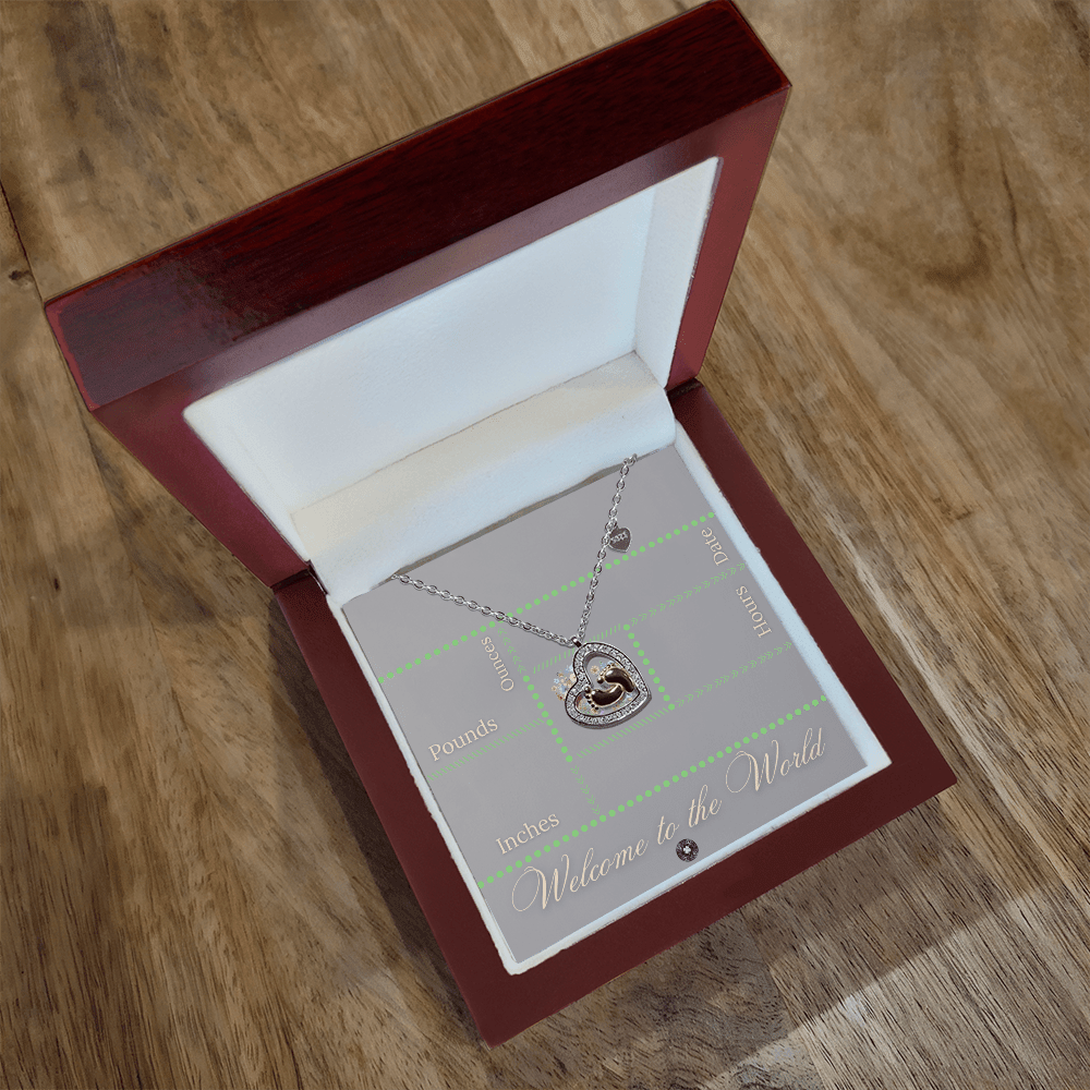 Baby Feet & Heart Announcement Necklace: Green Jewelry Mahogany Style Luxury Box with LED The Sterling Clover & Co.