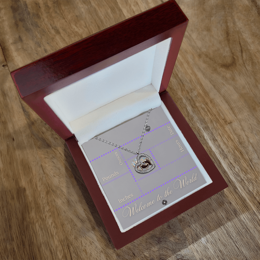 Baby Feet & Heart Announcement Necklace: Purple Jewelry Mahogany Style Luxury Box with LED The Sterling Clover & Co.
