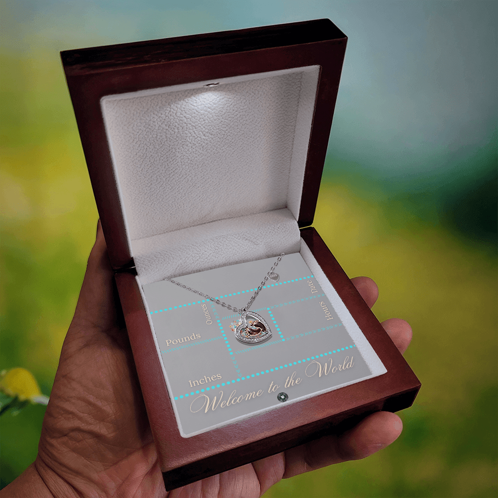 Baby Feet & Heart Announcement Necklace: Turquoise Jewelry Mahogany Style Luxury Box with LED The Sterling Clover & Co.