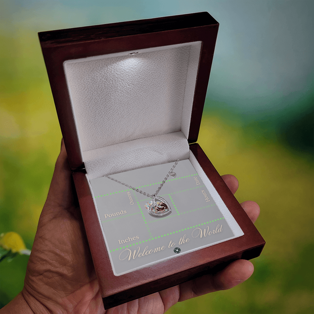 Baby Feet & Heart Announcement Necklace: Green Jewelry Mahogany Style Luxury Box with LED The Sterling Clover & Co.