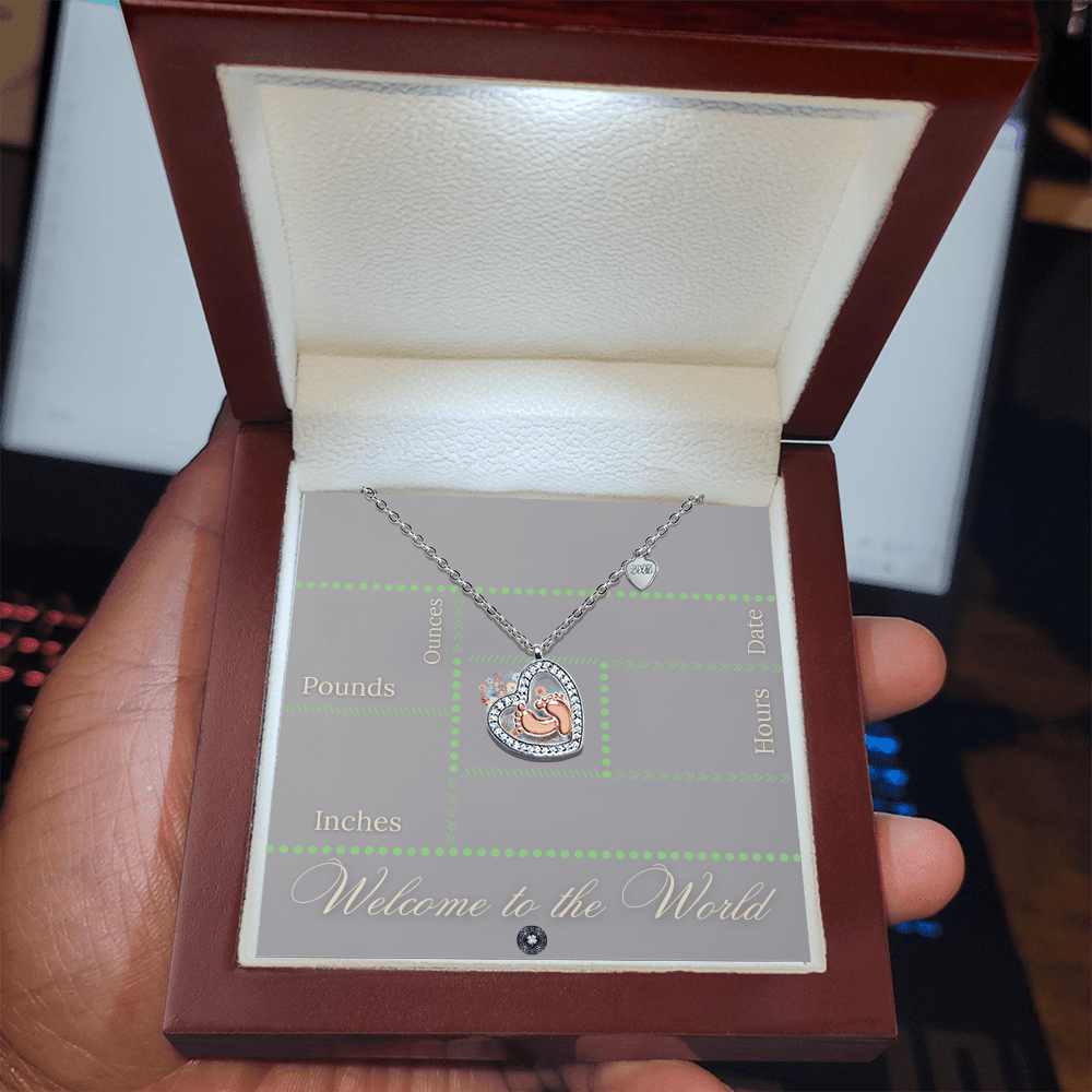 Baby Feet & Heart Announcement Necklace: Green Jewelry Mahogany Style Luxury Box with LED The Sterling Clover & Co.