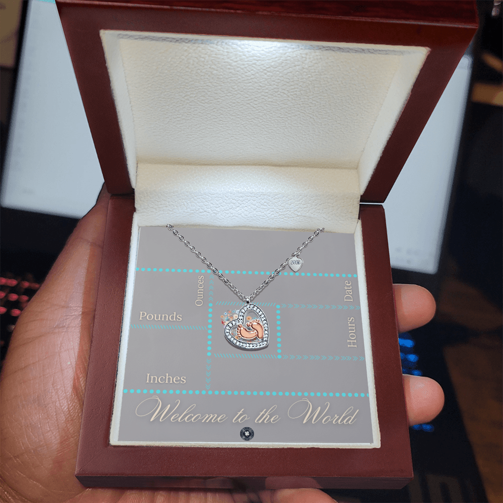 Baby Feet & Heart Announcement Necklace: Turquoise Jewelry Mahogany Style Luxury Box with LED The Sterling Clover & Co.
