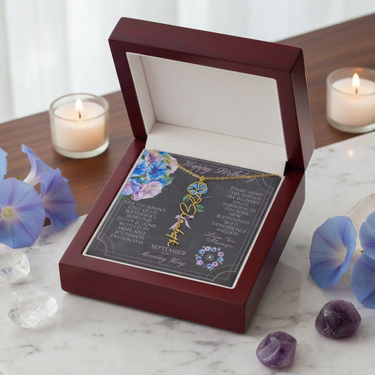 Birth Flower & Name Necklace: September Jewelry 18k Yellow Gold Finish Mahogany Style Luxury Box with LED September The Sterling Clover & Co.
