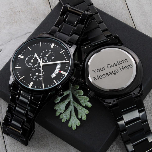 Black Chronograph Watch: Custom Engraving Jewelry Two Tone Box The Sterling Clover & Co.