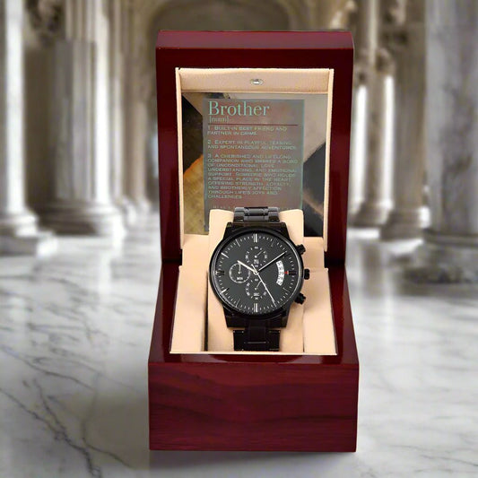 Black Chronograph Watch: For Brother Jewelry Iron & Patina Mahogany Style Luxury Box with LED The Sterling Clover & Co.