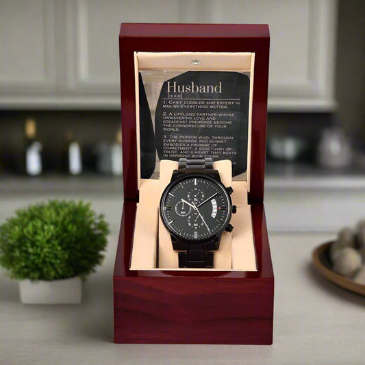 Black Chronograph Watch: For Husband Jewelry Cork & Coal Mahogany Style Luxury Box with LED The Sterling Clover & Co.