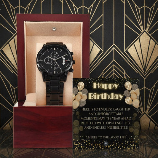 Black Chronograph Watch: Gatsby Birthday Jewelry Mahogany Style Luxury Box with LED The Sterling Clover & Co.