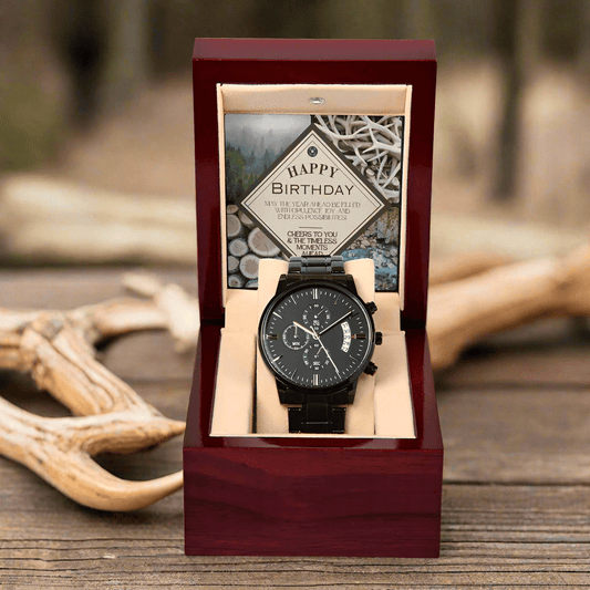 Black Chronograph Watch: Nature Birthday Jewelry Mahogany Style Luxury Box with LED The Sterling Clover & Co.