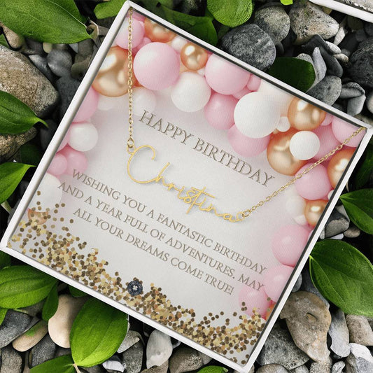 Custom Horizontal Signature Name Necklace: Fantastic Happy Birthday Jewelry Polished Stainless Steel Two Tone Box The Sterling Clover & Co.