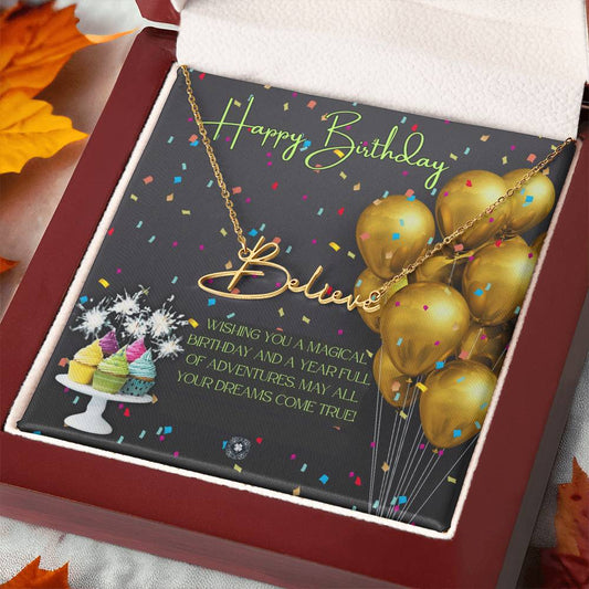 Custom Horizontal Signature Name Necklace: Magical Happy Birthday Jewelry 18k Yellow Gold Mahogany Style Luxury Box with LED The Sterling Clover & Co.