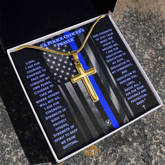Engraved Artisan Cross Necklace: A Police Officer's Prayer Jewelry Two Tone Box 18K Yellow Gold Finish The Sterling Clover & Co.