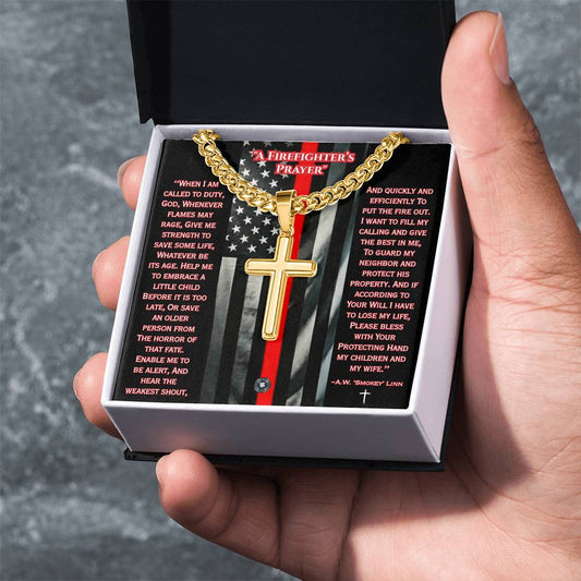 Engraved Artisan Cross Necklace with Cuban Link Chain: A Firefighter's Prayer Jewelry Two Tone Box 18K Yellow Gold Finish The Sterling Clover & Co.