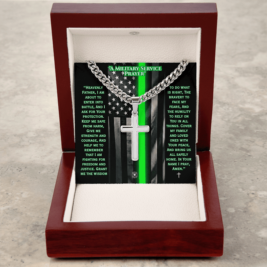 Engraved Artisan Cross Necklace with Cuban Link Chain: A Military Service Prayer Jewelry Two Tone Box Polished Stainless Steel The Sterling Clover & Co.