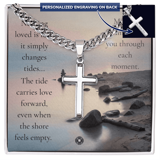 Engraved Artisan Cross Necklace with Cuban Link Chain: Calm Jewelry Two Tone Box Polished Stainless Steel The Sterling Clover & Co.