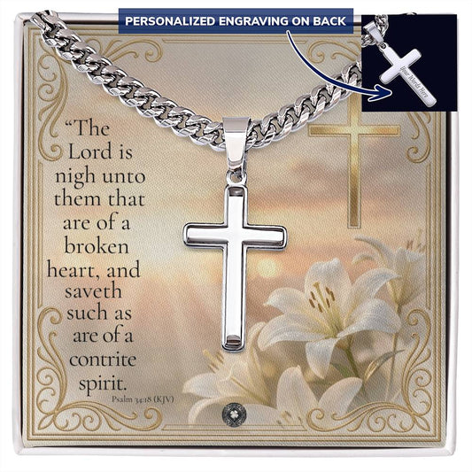 Engraved Artisan Cross Necklace with Cuban Link Chain: Peace Jewelry Two Tone Box Polished Stainless Steel The Sterling Clover & Co.