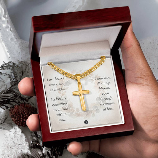 Engraved Artisan Cross Necklace with Cuban Link Chain: Roots of Love Jewelry Mahogany Style Luxury Box with LED 18K Yellow Gold Finish The Sterling Clover & Co.