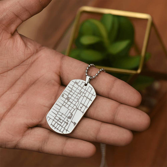 Engraved Map Dog Tag Necklace Jewelry Polished Stainless Steel Two Tone Box The Sterling Clover & Co.