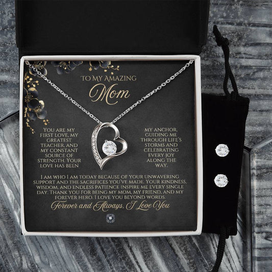 Forever Love Necklace & Earring Set: Ebony Blossoms Mom Jewelry 14k White Gold Two Tone Box The Sterling Clover & Co.