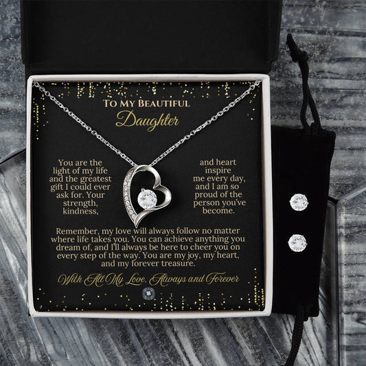 Forever Love Necklace & Earring Set: Ebony Daughter Celebration Jewelry 14k White Gold Two Tone Box The Sterling Clover & Co.