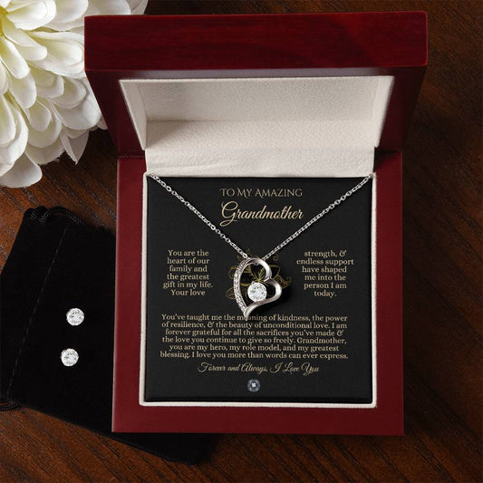 Forever Love Necklace & Earring Set: Ebony Plumeria Grandmother Jewelry 14k White Gold Two Tone Box The Sterling Clover & Co.