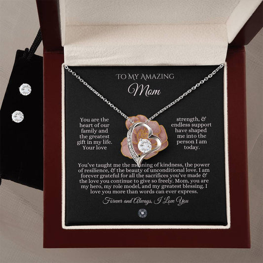 Forever Love Necklace & Earring Set: Ebony Rose Mom Jewelry 14k White Gold Mahogany Style Luxury Box with LED The Sterling Clover & Co.