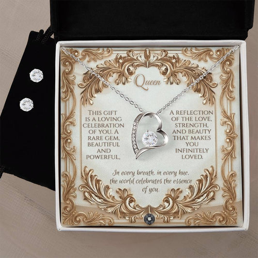 Forever Love Necklace & Earring Set: Queen Jewelry 14k White Gold Two Tone Box The Sterling Clover & Co.