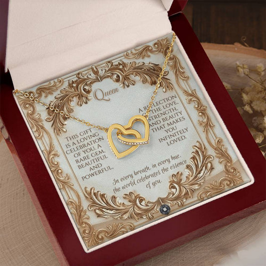 Interlocking Hearts Necklace: Queen Jewelry 14k White Gold Finish Two Tone Box The Sterling Clover & Co.