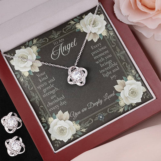 Love Knot Necklace & Earring Set: Angel Jewelry Two Tone Box The Sterling Clover & Co.