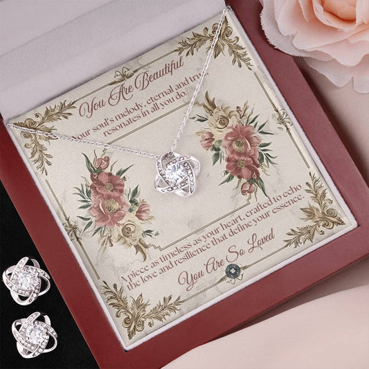 Love Knot Necklace & Earring Set: Beautiful Jewelry Two Tone Box The Sterling Clover & Co.