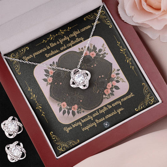 Love Knot Necklace & Earring Set: Cameo Jewelry Two Tone Box The Sterling Clover & Co.