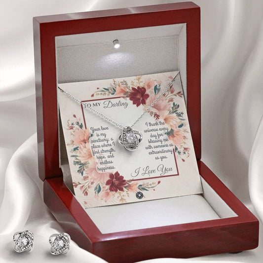 Love Knot Necklace & Earring Set: Darling Jewelry Two Tone Box The Sterling Clover & Co.