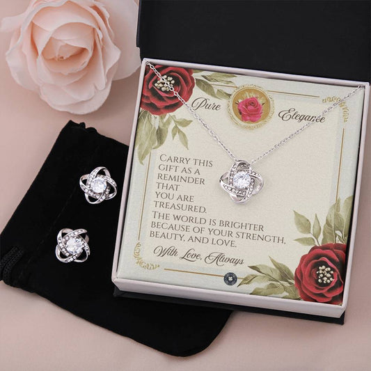 Love Knot Necklace & Earring Set: Elegance Jewelry Two Tone Box The Sterling Clover & Co.