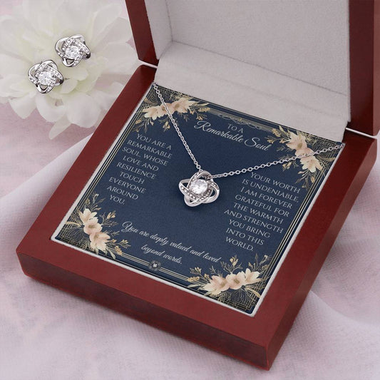 Love Knot Necklace & Earring Set: Remarkable Jewelry Mahogany Style Luxury Box with LED The Sterling Clover & Co.