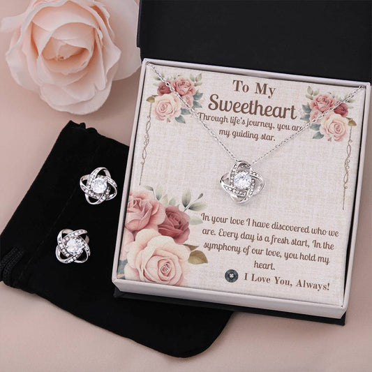 Love Knot Necklace & Earring Set: Sweetheart Jewelry Two Tone Box The Sterling Clover & Co.