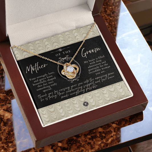 Love Knot Necklace: Mother of the Groom Jewelry 18K Yellow Gold Finish Black Luxe Mahogany Style Luxury Box with LED The Sterling Clover & Co.