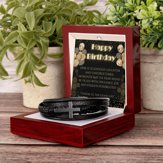 Men's Cross Bracelet: Gatsby Birthday Jewelry Mahogany Style Luxury Box with LED The Sterling Clover & Co.