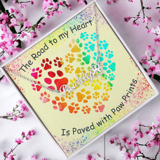 Paw Print & Name Necklace: The Road to my Heart Jewelry Polished Stainless Steel Two Tone Box The Sterling Clover & Co.