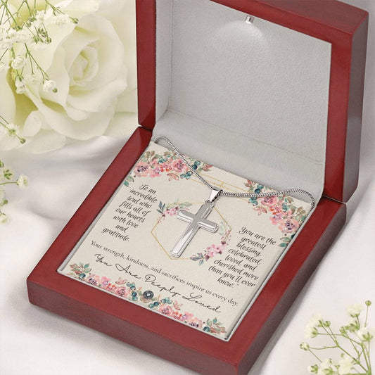 Personalized Cross Necklace with Snake Chain: Forever Jewelry Mahogany Style Luxury Box with LED Polished Stainless Steel The Sterling Clover & Co.