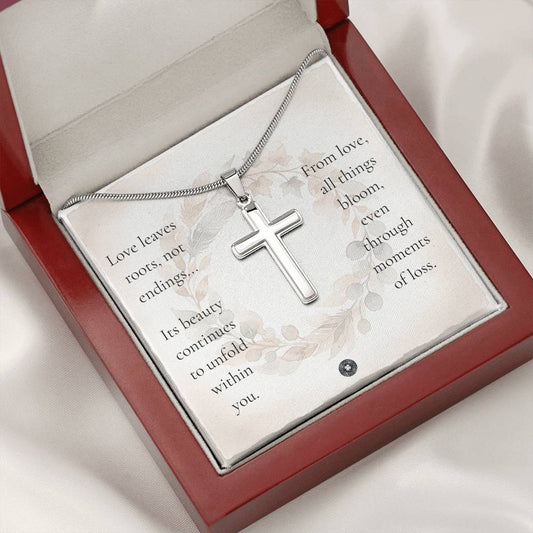 Personalized Cross Necklace with Snake Chain: Roots of Love Jewelry Two Tone Box Polished Stainless Steel The Sterling Clover & Co.