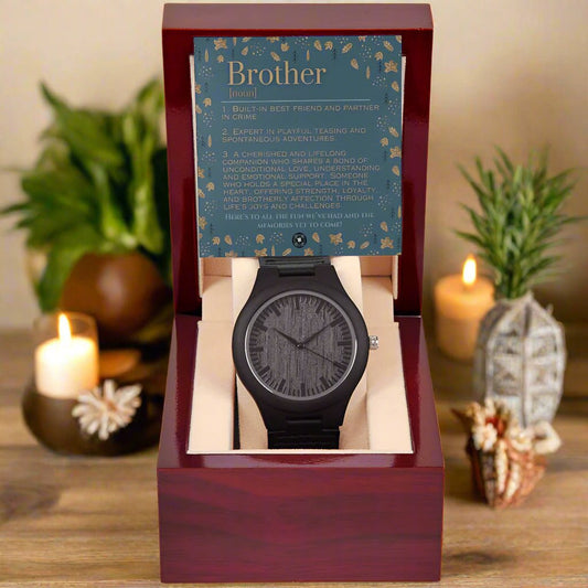 Sandalwood & Leather Wooden Watch: For Brother Jewelry Autumn Mahogany Style Luxury Box with LED The Sterling Clover & Co.