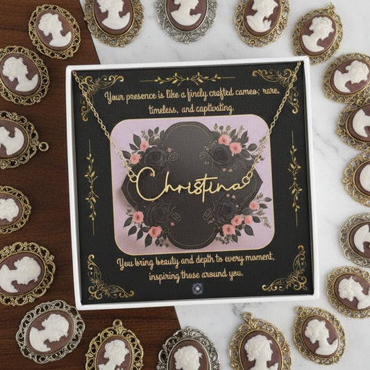 Signature Name Necklace: Cameo Jewelry Gold Finish Over Stainless Steel Standard Box The Sterling Clover & Co.