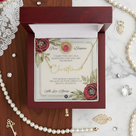 Signature Name Necklace: Elegance Jewelry Polished Stainless Steel Standard Box The Sterling Clover & Co.