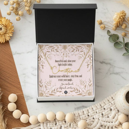 Signature Name Necklace: Free Spirit Jewelry Gold Finish Over Stainless Steel Standard Box The Sterling Clover & Co.