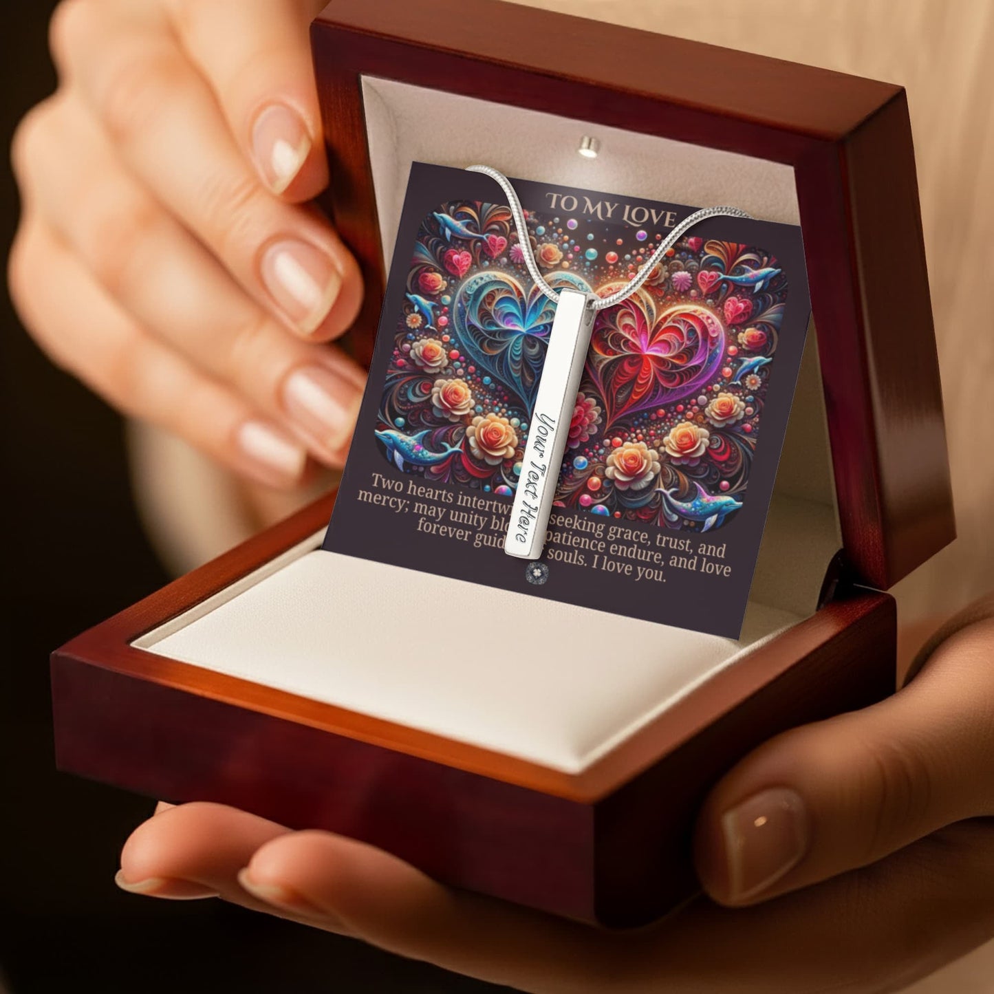 Talisman Necklace: Two Hearts As One Jewelry Polished Stainless Steel Mahogany Style Luxury Box with LED The Sterling Clover & Co.