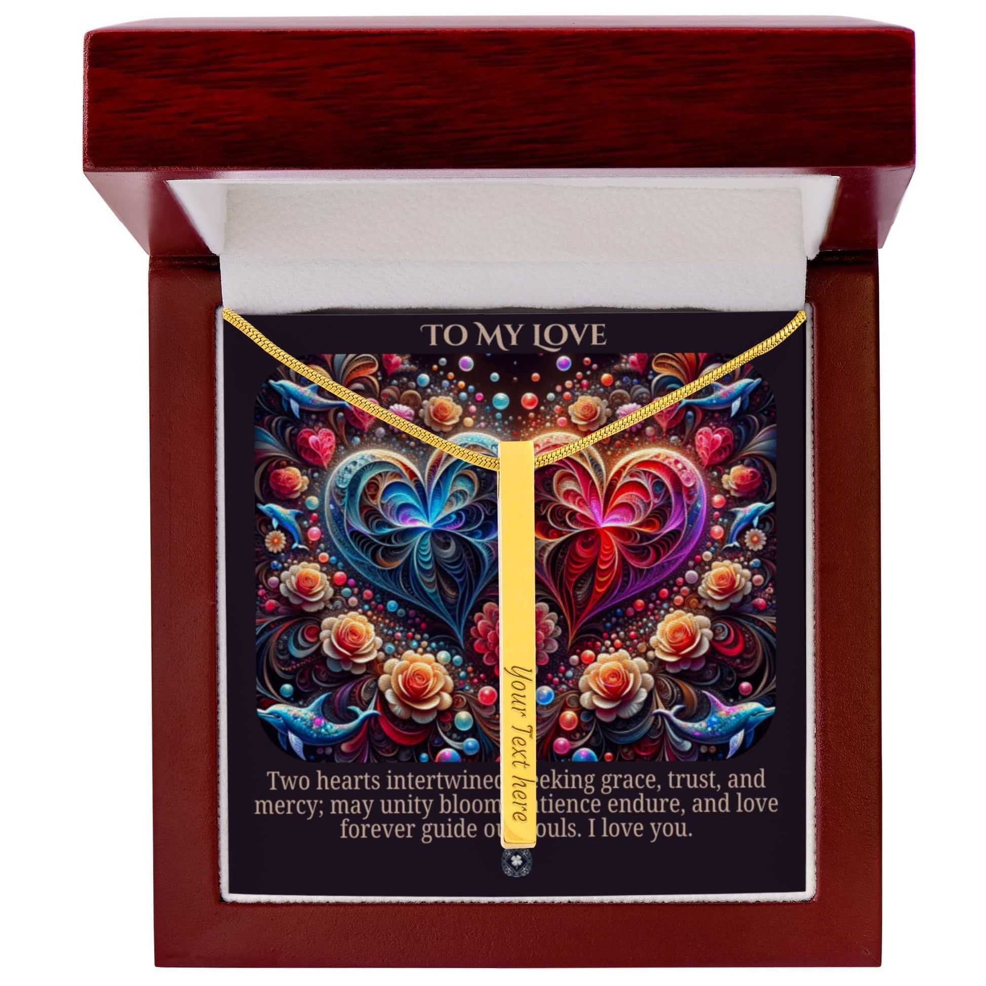 Talisman Necklace: Two Hearts As One Jewelry Polished Stainless Steel Mahogany Style Luxury Box with LED The Sterling Clover & Co.