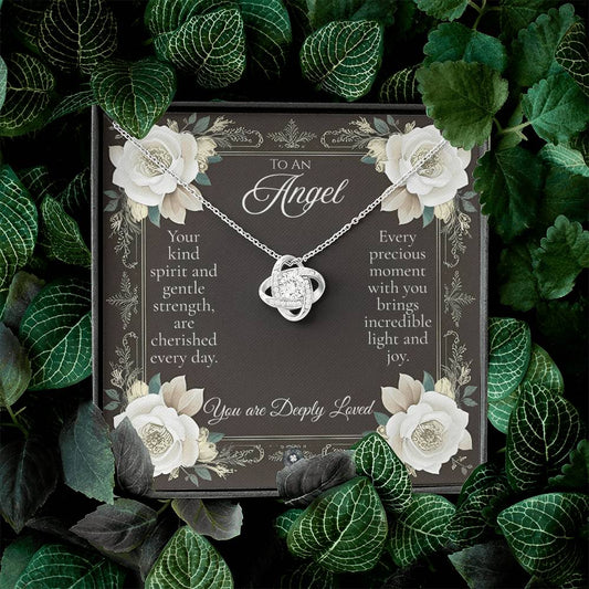 The Love Knot Necklace: Angel Jewelry 14K White Gold Finish Two Tone Box The Sterling Clover & Co.