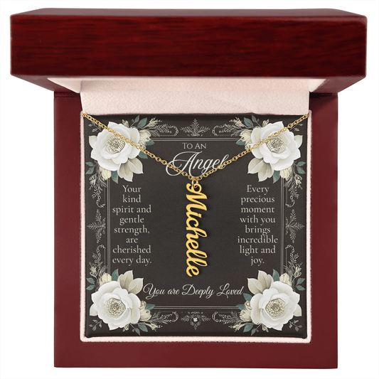 Vertical Name Necklace: Angel Jewelry 1 Name 18K Yellow Gold Finish Mahogany Style Luxury Box with LED The Sterling Clover & Co.