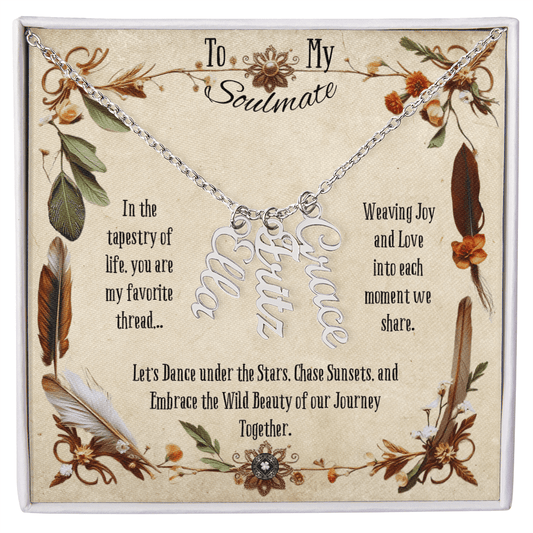 Vertical Name Necklace: Boho Soulmate Jewelry 3 Names Polished Stainless Steel Two Tone Box The Sterling Clover & Co.